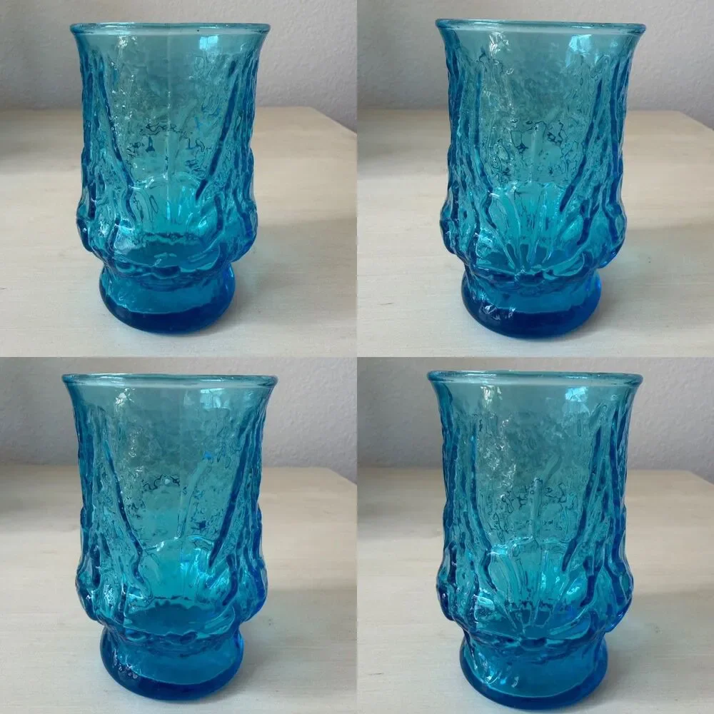 Lot of 4 Vintage Anchor Hocking Rainflower Laser Blue Tumblers and Juice Glasses